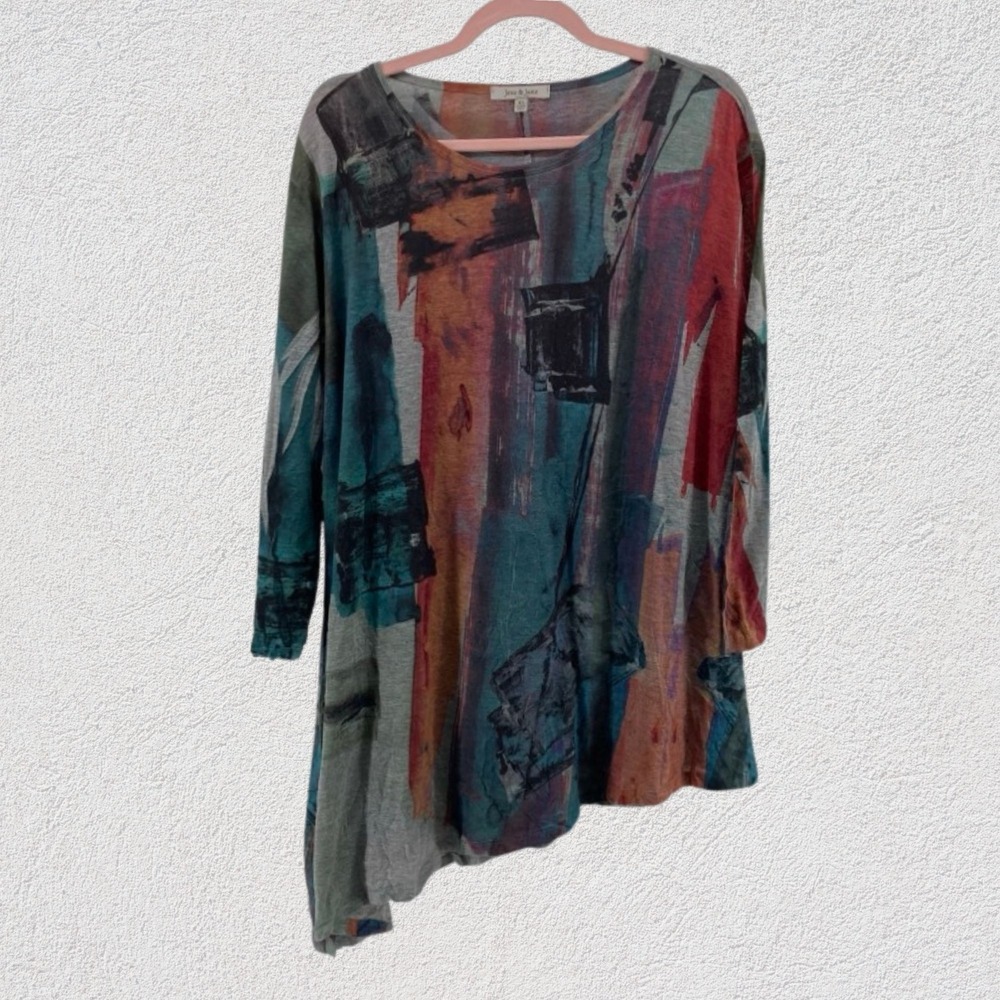 Jess & Jane Abstract Tunic Top Women XL Asymmetrical Artsy Lightweight Sharkbite